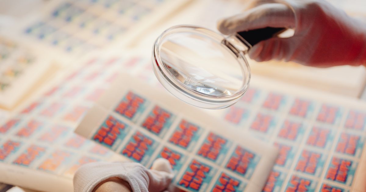 A gloved hand holding a magnifying glass over sheets of printed stamps